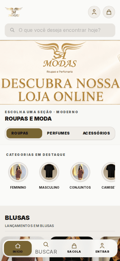 Vitrine inicial da Sa Modas no celular
